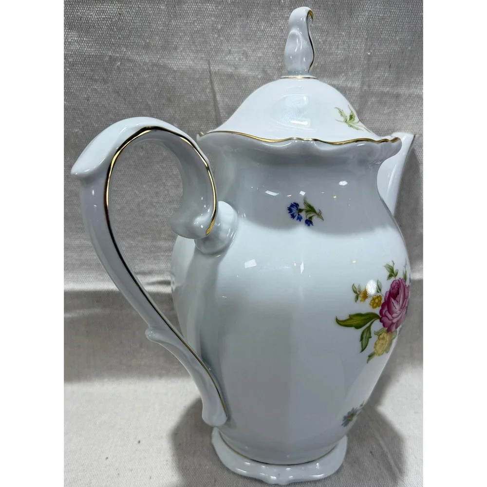 Schumann Arzberg Bavaria Germany Porcelain Coffee Pot Floral Rose Gold Trim 11in